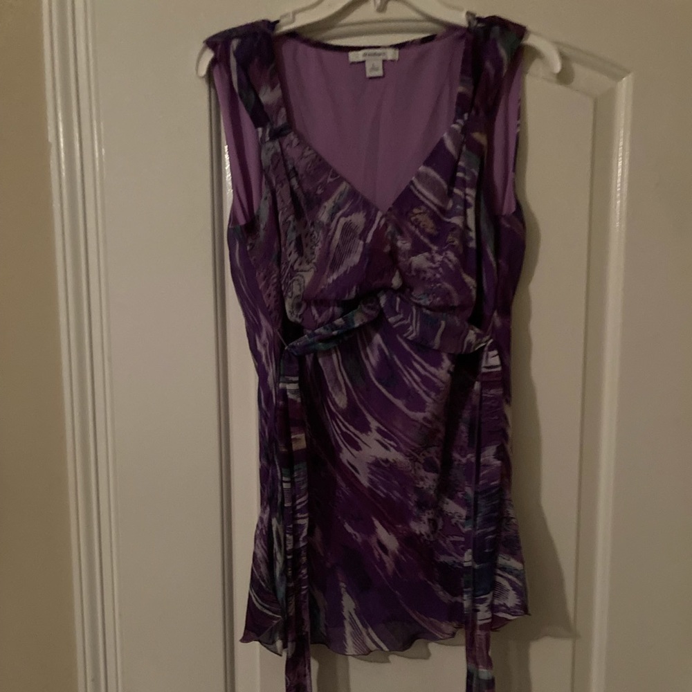 Dress Barn Top- size Large/ colors Purples/turquoise/white/ties in back.